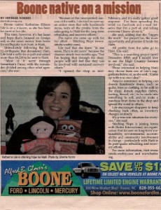 Boone news article describing Kat Ellison Lile's quilting project for Haiti relief efforts.