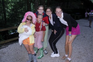girls camp counselors and campers dressed like old ladies for bingo