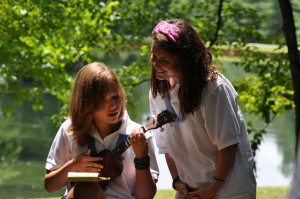 Beverly plays the ukelele during Sunday worship