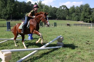 Summer camp girl jumps horse.