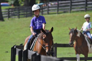 A camp girl on a horse during riding lessons.