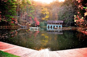 Gorgeous fall colors frame McLeod Lodge at Camp Illahee summer Camp for Girls.