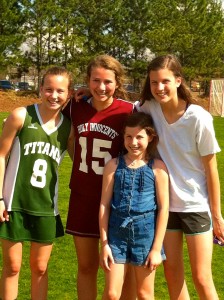 The Bradach girls were excited to see camp friend Sarah Kate Schoen playing on the oposite team at Molly's recent soccer match.pposite