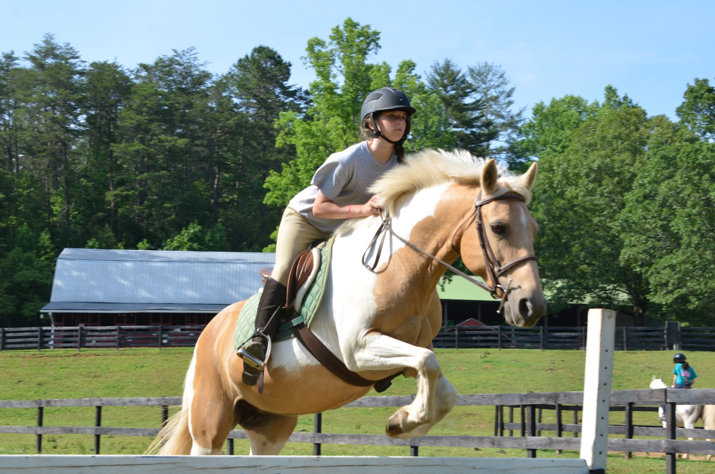 Horse and camper exhibit perfect form as she jumps a beautiful Palomino over a rail.