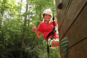 Girl giving thumbs up on rockclimbing course