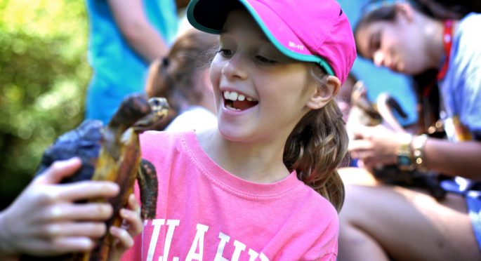 camper in pink holding tortiose