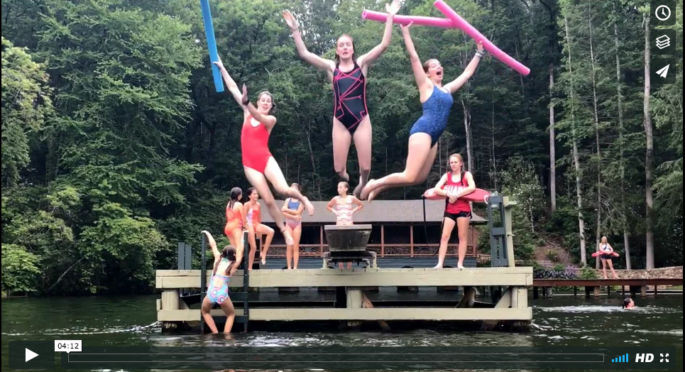 Synchronized Swimmers Begin their routine with a trio jumping off the diving board.