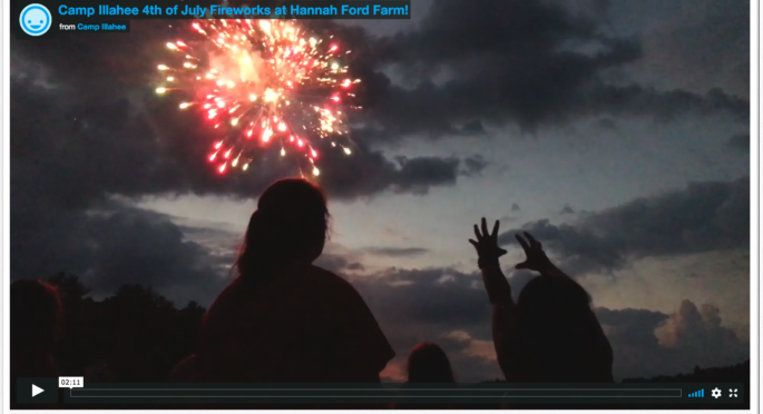 A fireworks shell bursts on a clear night as campers reach for the sky in silhouette.